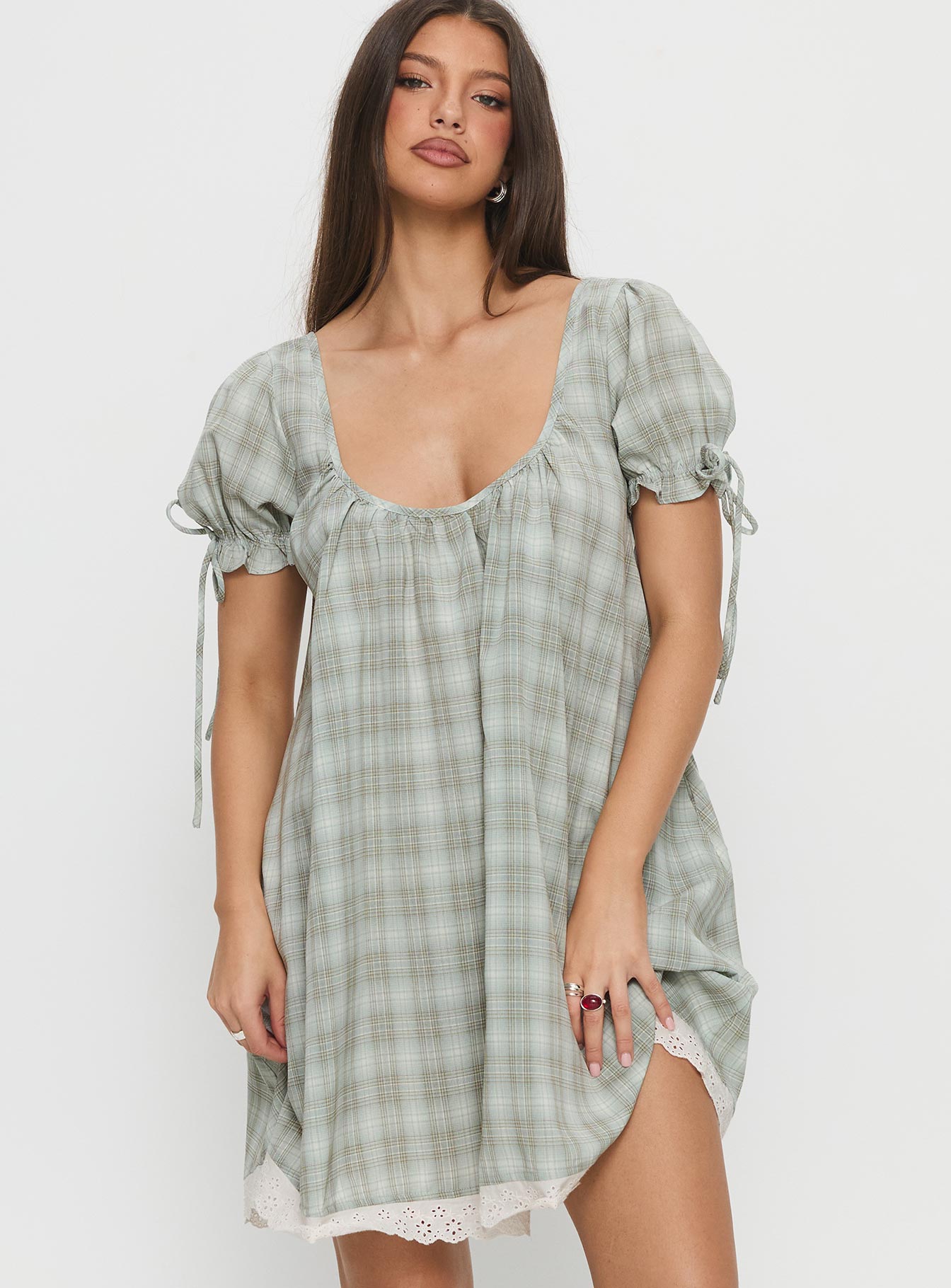 Embracing Puff Sleeve Swing Mini Dress | Blue Check | Womens | Princess Polly Embracing Puff Sleeve Swing Mini Dress | Blue Check | Womens | Princess Polly