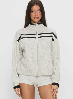 front view of model wearing Princess Polly Overstayed Zip Through Cardigan Grey 