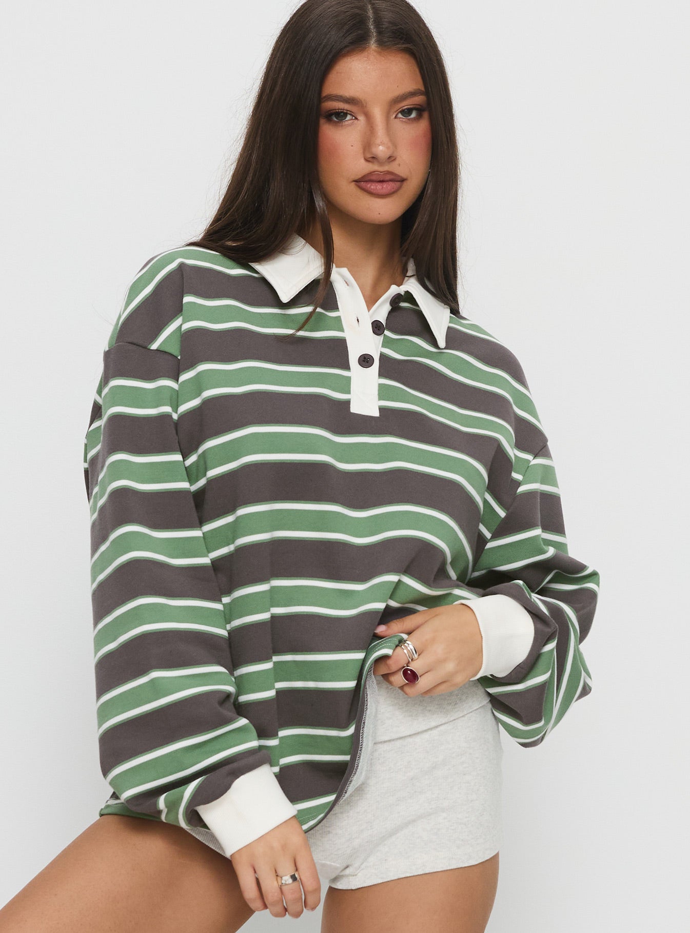 Tycen Polo Rugby Jumper Green / Grey Stripe | Princess Polly