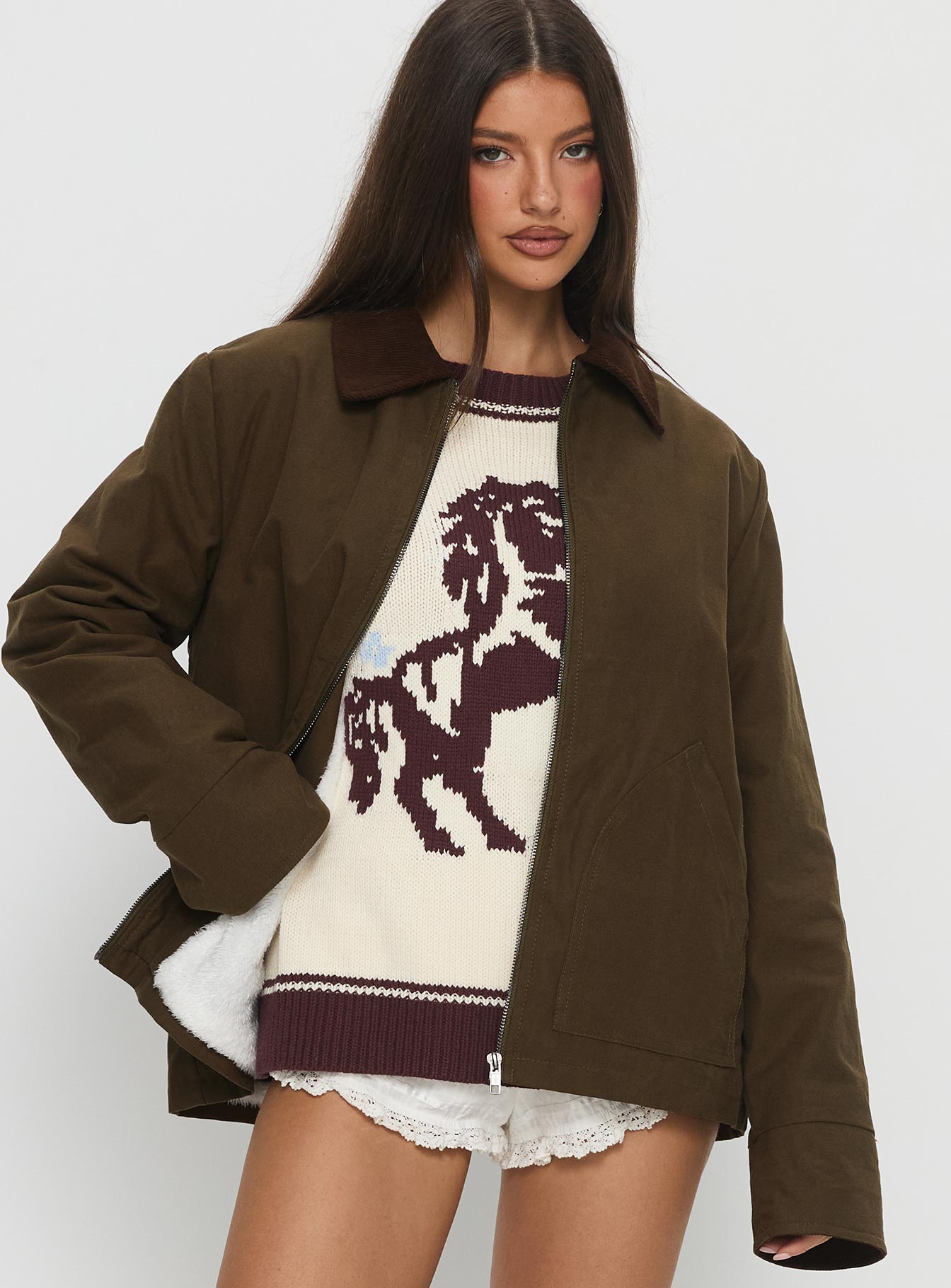 Livya Contrast Collar Utility Jacket Khaki | Princess Polly