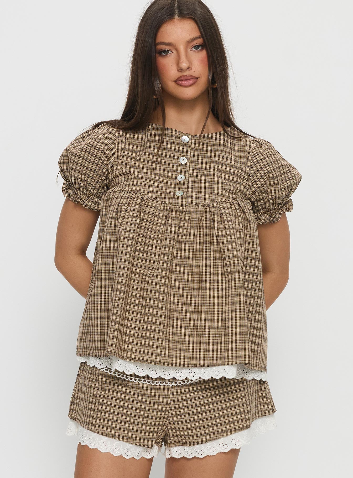 Chandelier Babydoll Top Brown Check | Princess Polly