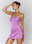 side view of model wearing Princess Polly Irena Strapless Mini Dress Purple Sweetheart Neckline 