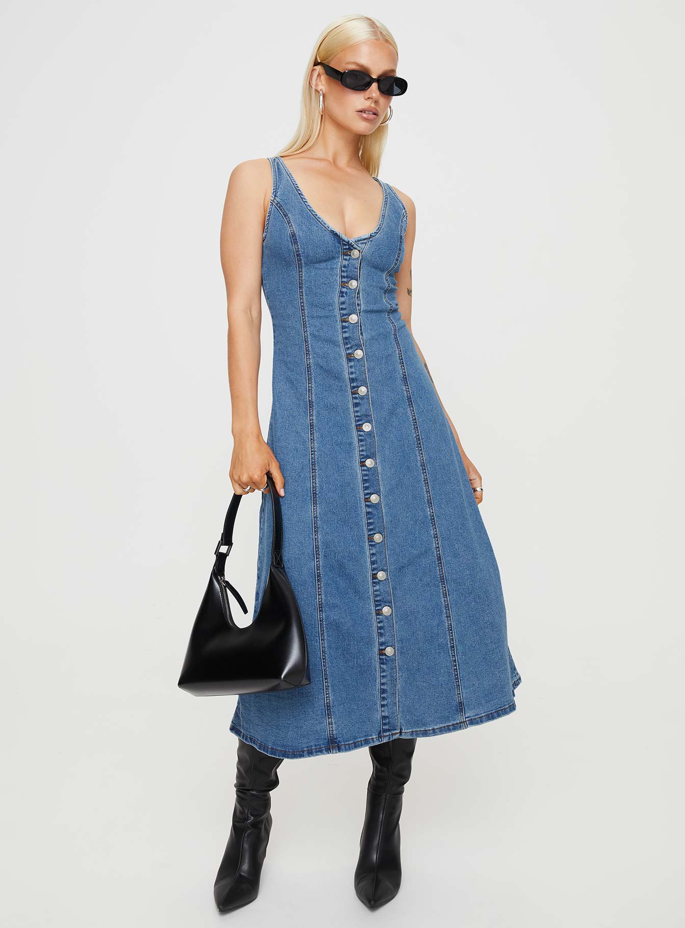 product Princess Polly V-Neck  Midler Denim Midi Dress Mid Blue