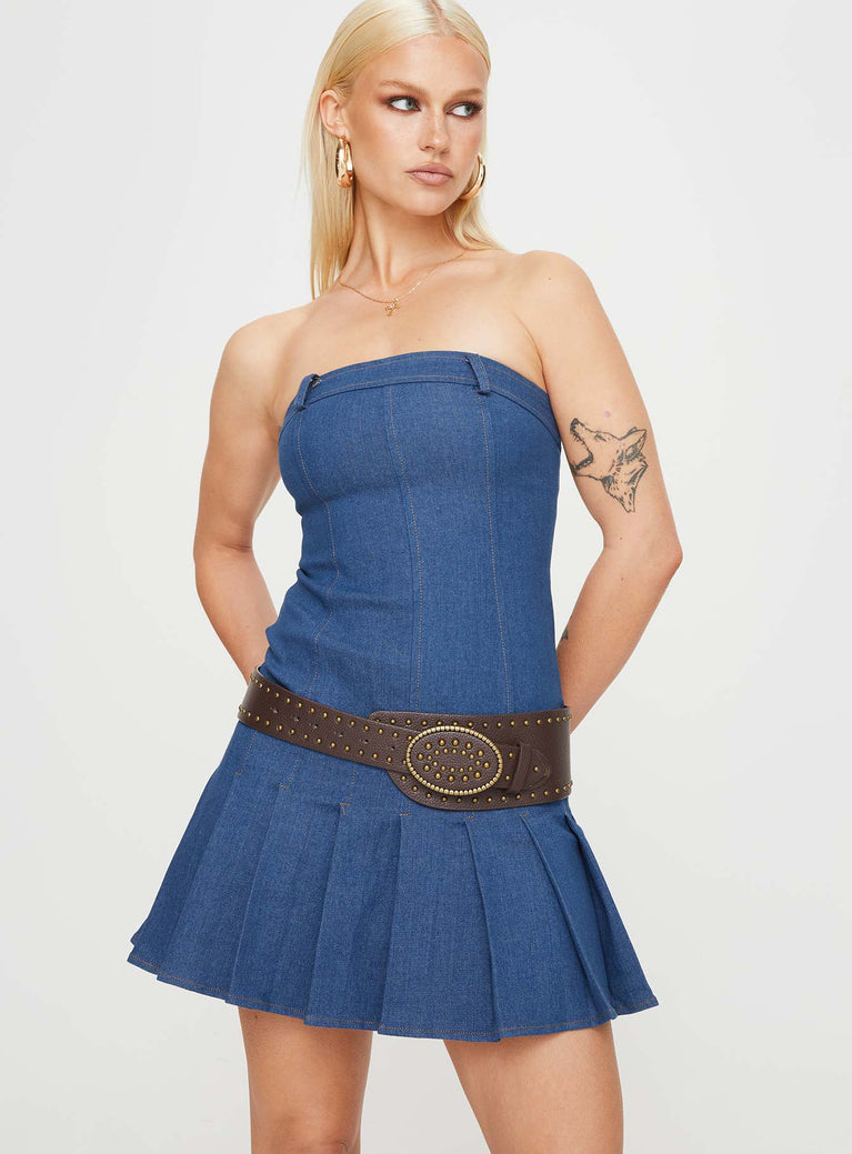 Dark blue strapless denim mini dress belt loop at bust pleated skirt