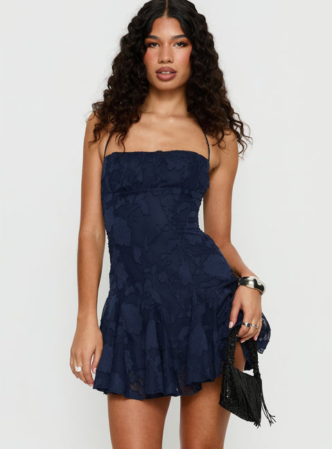 Songbirds Godet Mini Dress Navy Burnout | Princess Polly Songbirds Godet Mini Dress Navy Burnout | Princess Polly
