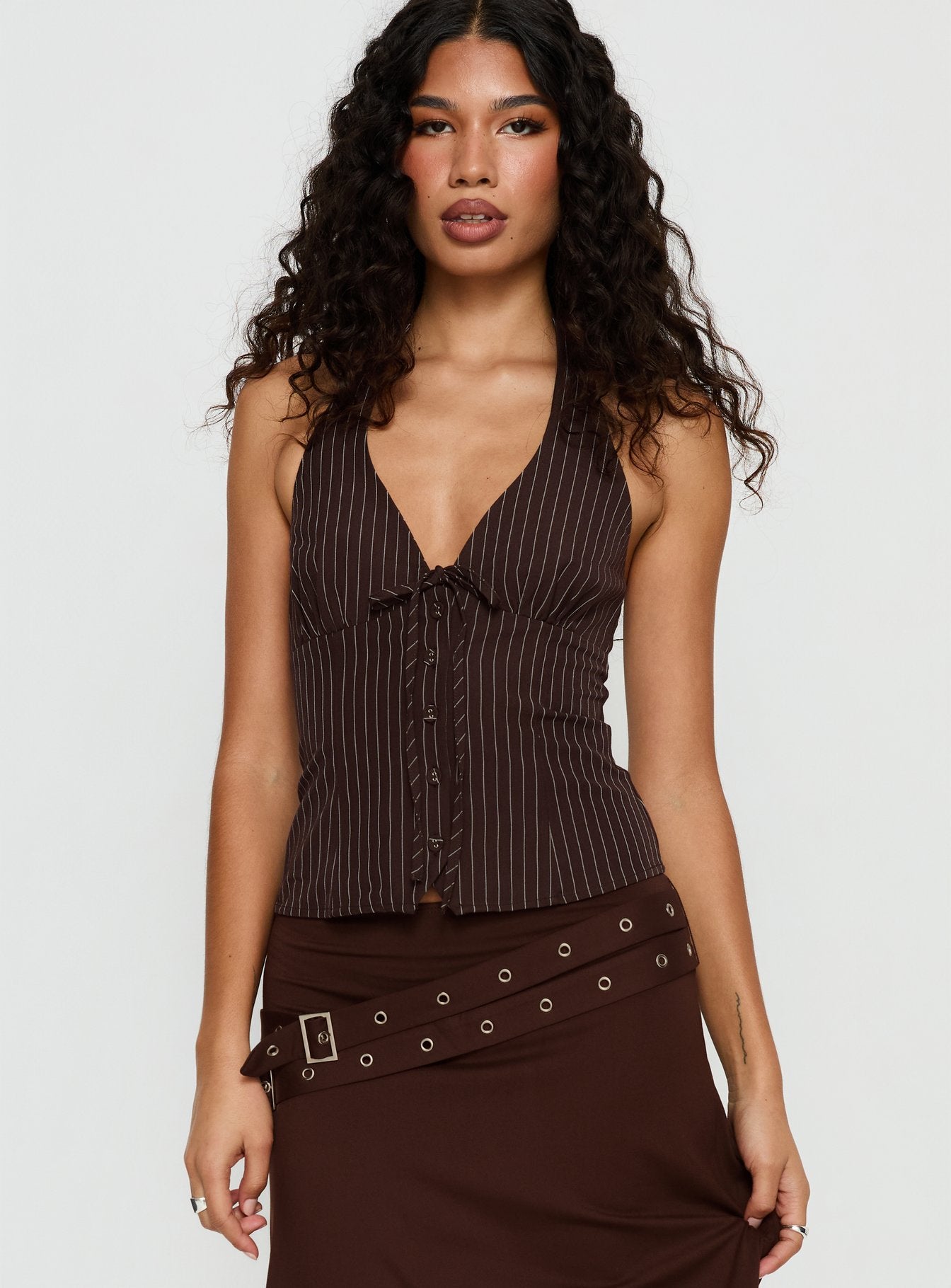 Nickole Halter Tailored Top Brown Stripe | Princess Polly