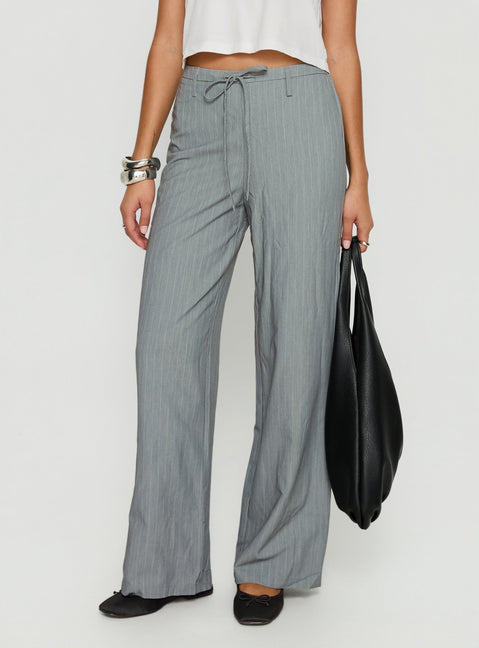 front view of model wearing Princess Polly Idolised Tie Waist Pant Grey Pinstripe Mid Rise Pants 