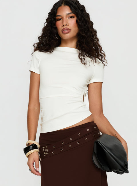   front view of model wearing Princess Polly Lorensa Double Buckle Asymmetrical Midi Skirt Brown Midi Skirts 