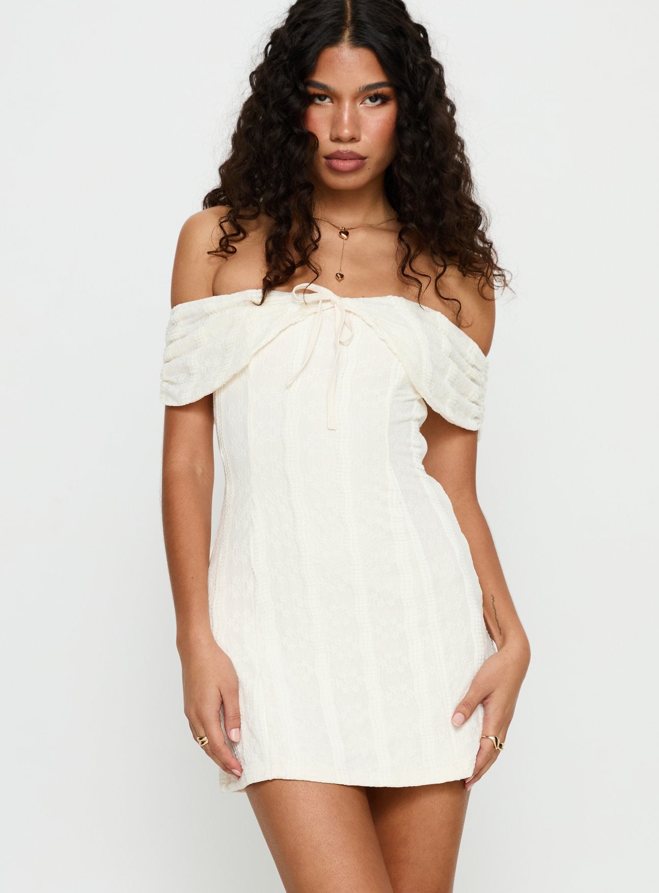 Colettie Off Shoulder Mini Dress | Cream | Womens | Princess Polly Colettie Off Shoulder Mini Dress | Cream | Womens | Princess Polly