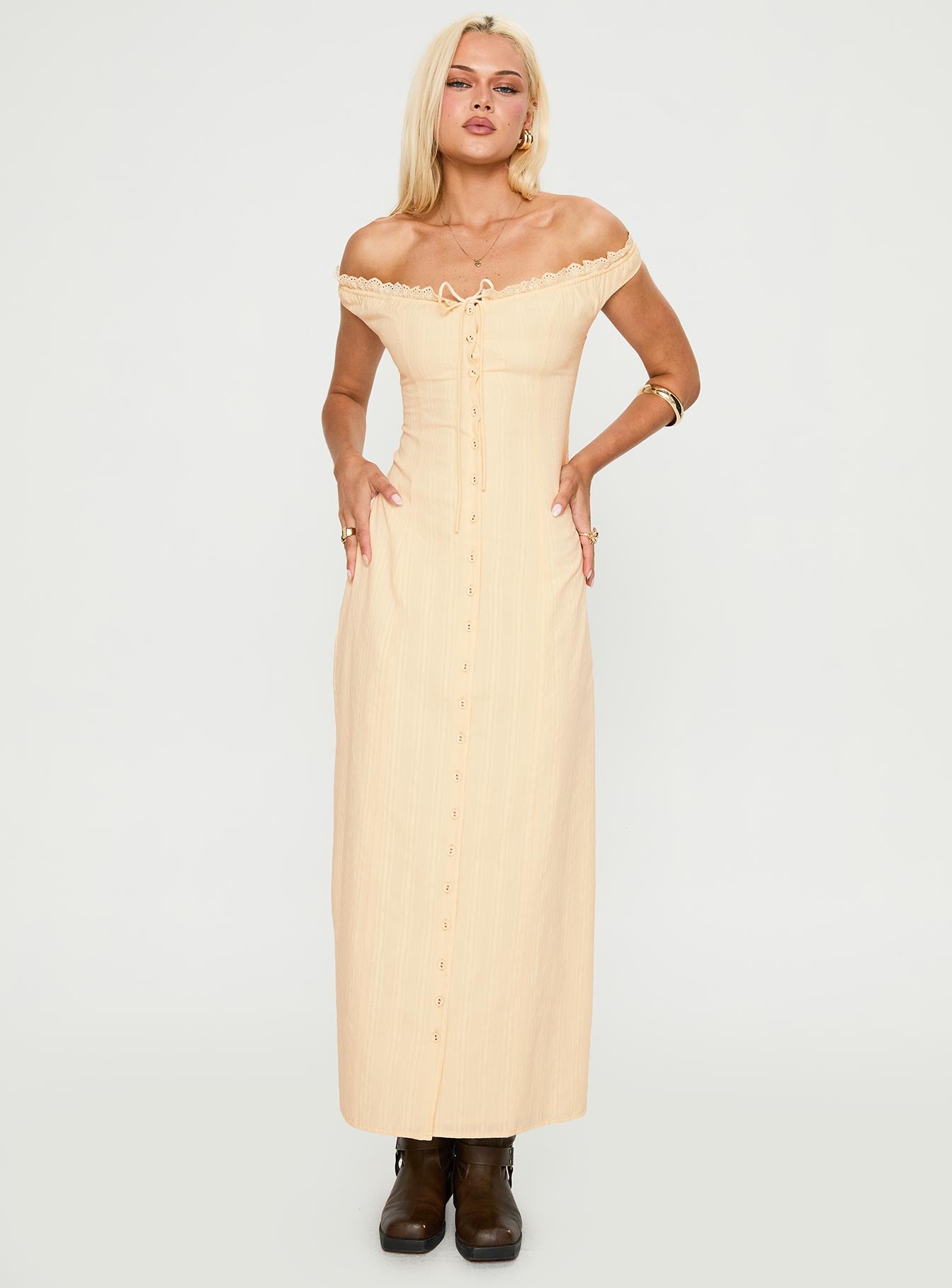 front view of model wearing Princess Polly Bryar Maxi Dress Yellow V-Neck 