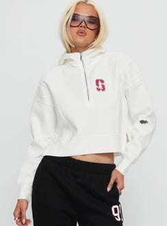 front view of model wearing Princess Polly Stanford Buttersport Half-zip Hoodie White cropped 