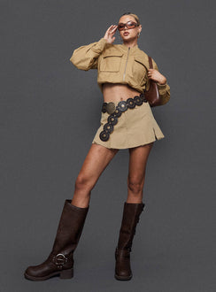 front view of model wearing Princess Polly Calianna Pleated Mini Skort Camel High Waisted Shorts 