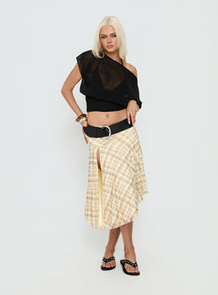   side view of model wearing Princess Polly Dulciana High Split Asymmetrical Midi Skirt Multi Check Midi Skirts 