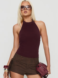 front view of model wearing Princess Polly Claramay High Neck Bodysuit Purple Sleeveless 