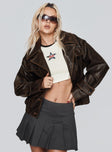 Brown faux leather jacket Classic collar, oversized lapels