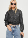 Faux Leather Jacket  Drop shoulder, ribbed collar, cuff & hem, twin hip pockets with clasp fastening  Zip fastening at front 