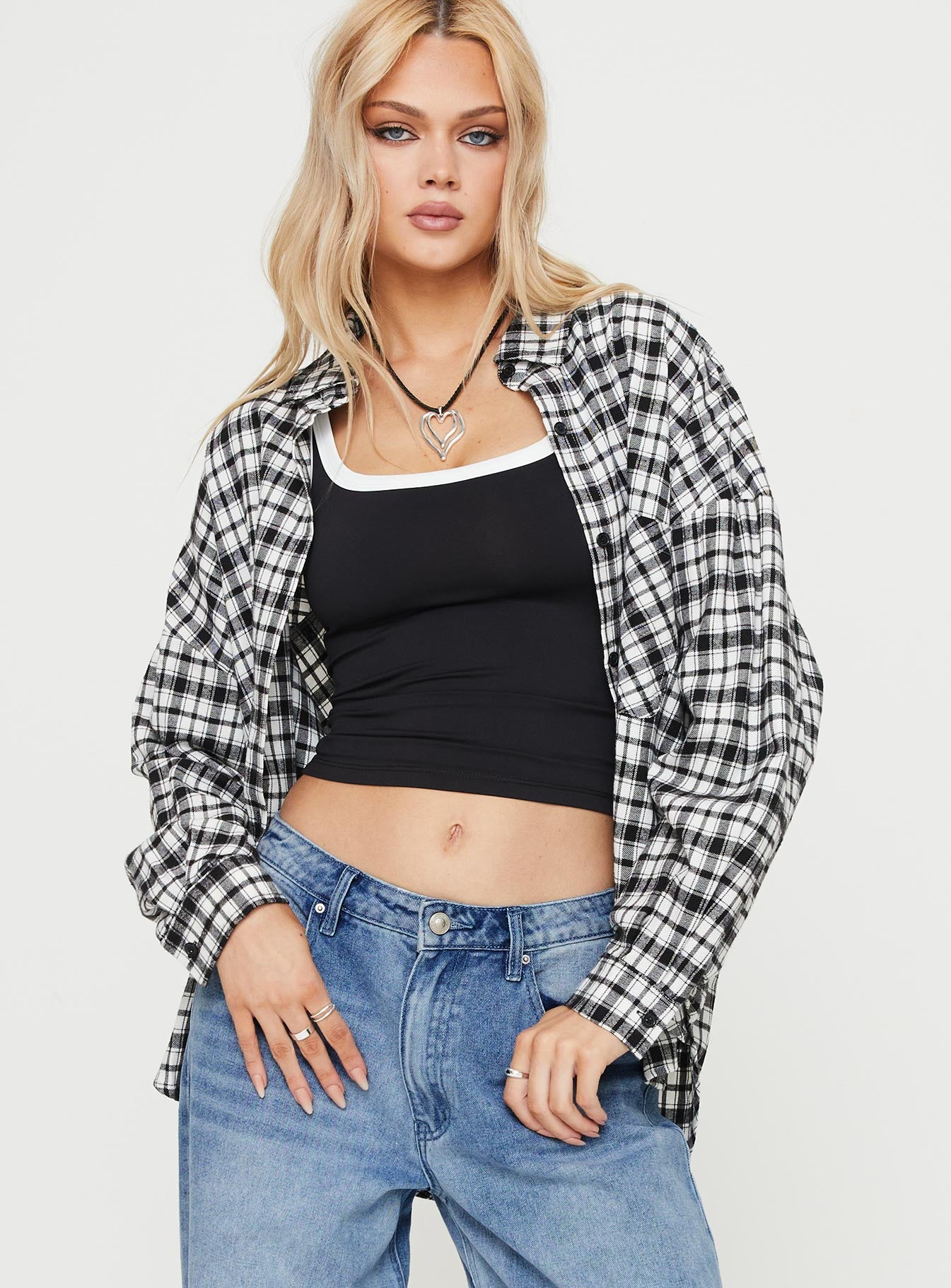 product Princess Polly Full Sleeves Crew Neck  Medley Shirt Black / White Check