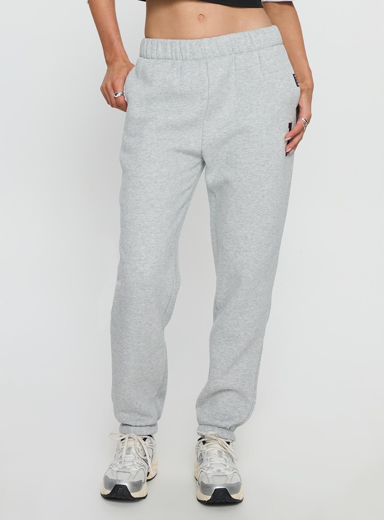 front view of model wearing Princess Polly Ohio State Basic Sweatpants Grey Mid Rise Pants 