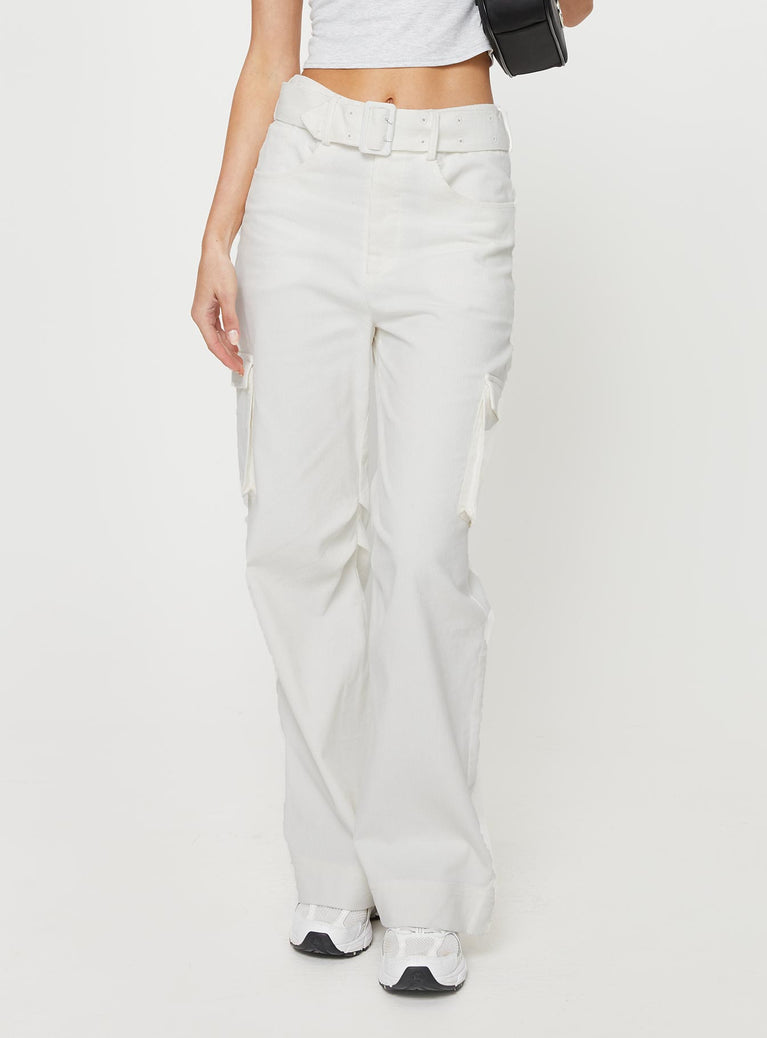 Cord cargo pants, mid rise Belt looped waist, removable belt, four pocket design, wide leg Non-stretch material, unlined 