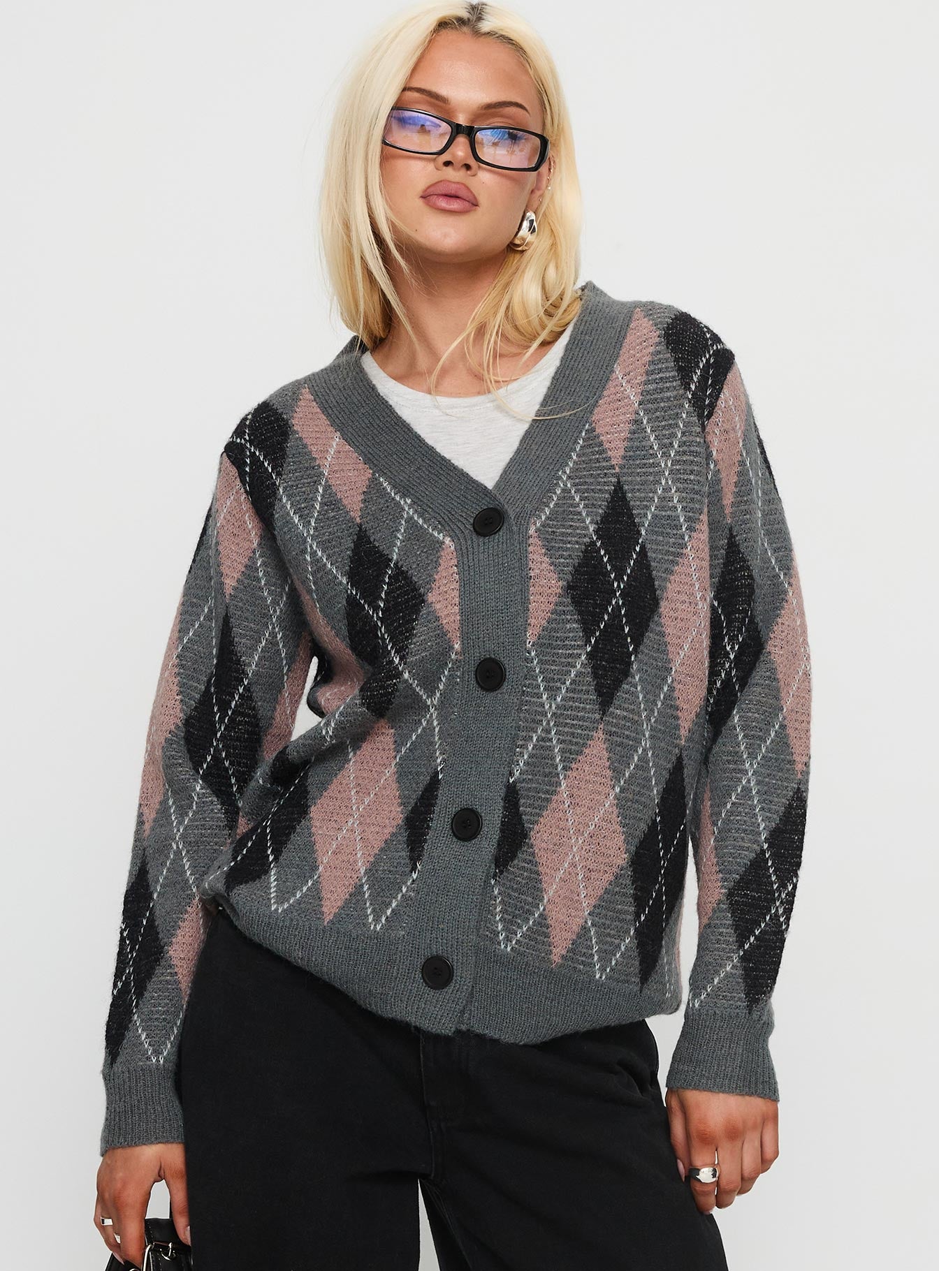 Zeeva Button Through Knit Cardigan Grey Argyle | Princess Polly