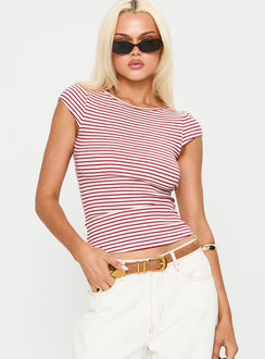 front view of model wearing Princess Polly Drives Me Crazy Backless Top Red Stripe Sleeveless Boat Neck 