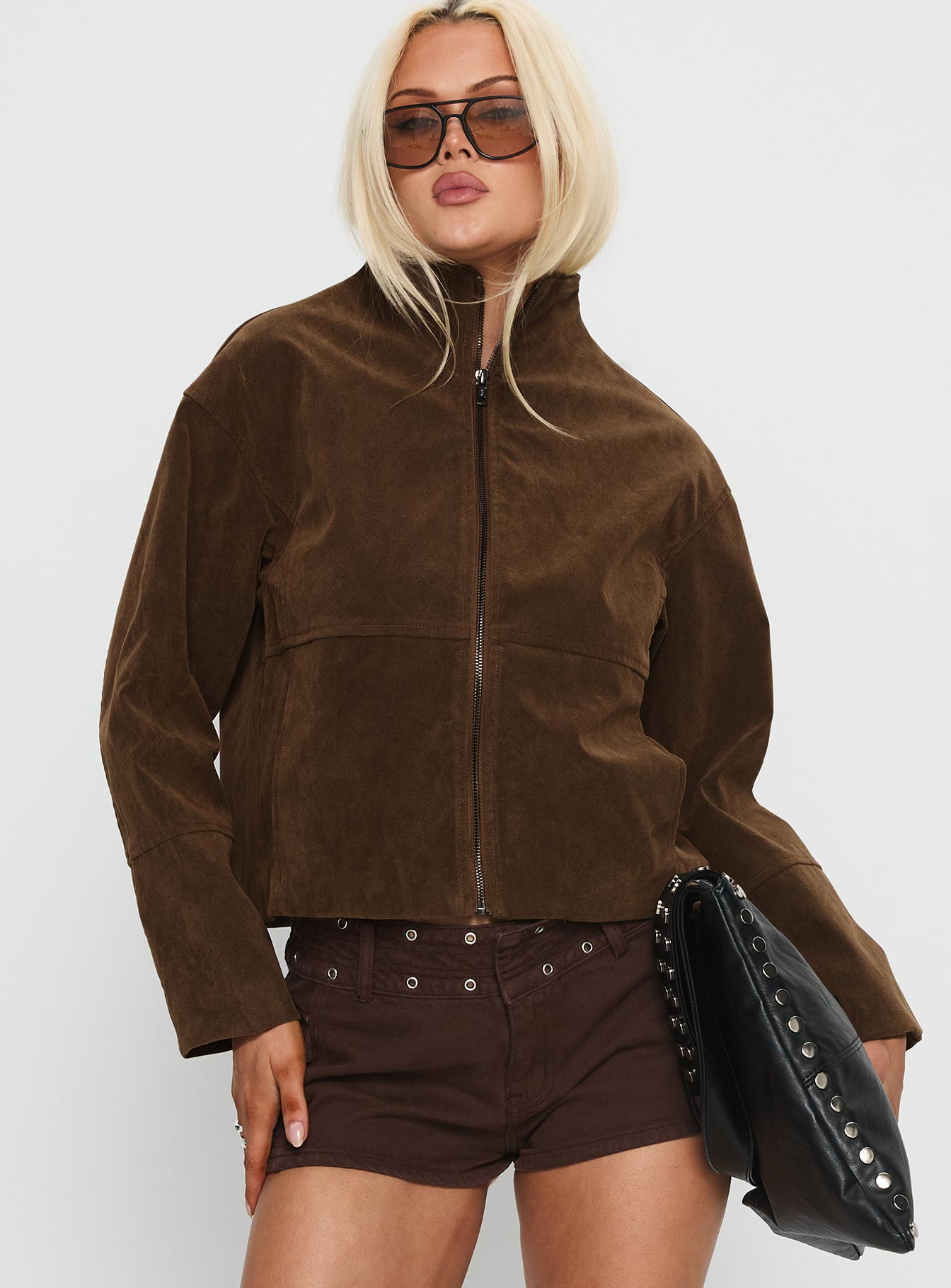 Jessalynn Faux Suede Zip Through Jacket Brown | Princess Polly