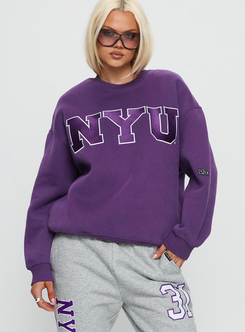 front view of model wearing Princess Polly NYU Offside Crewneck Sweatshirt Purple 