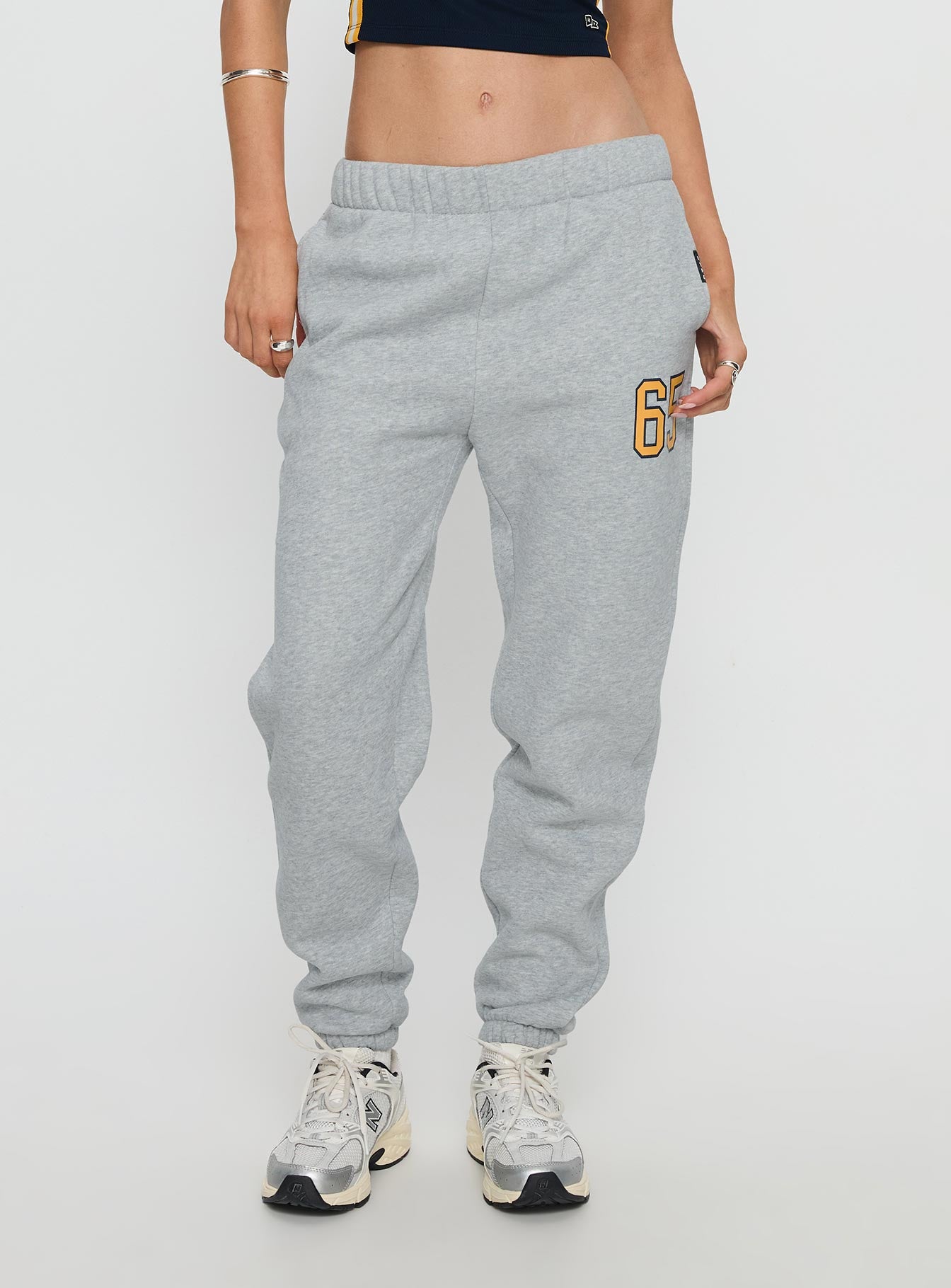 front view of model wearing Princess Polly UC Irvine Basic Sweatpants Grey Mid Rise Pants 