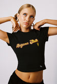 back view of model wearing Princess Polly ASU Comeback Top Black Short Sleeves Crew Neck 