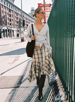   side view of model wearing Princess Polly Toshie Asymmetrical Midi Skirt Multi Check Midi Skirts 