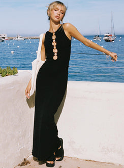 front view of model wearing Princess Polly Dejonge Sleeveless Maxi Dress Black Crew Neck 