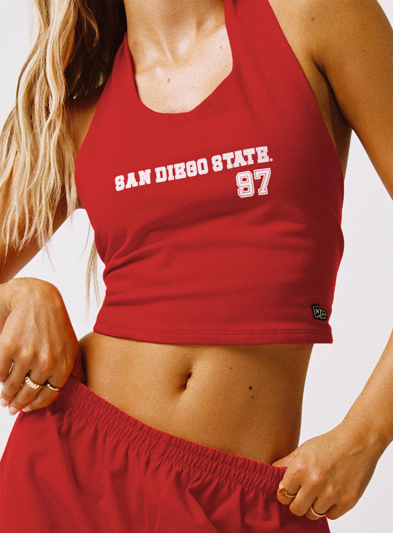 front view of model wearing Princess Polly SDSU Tailgate Top Red Sleeveless Crew Neck 