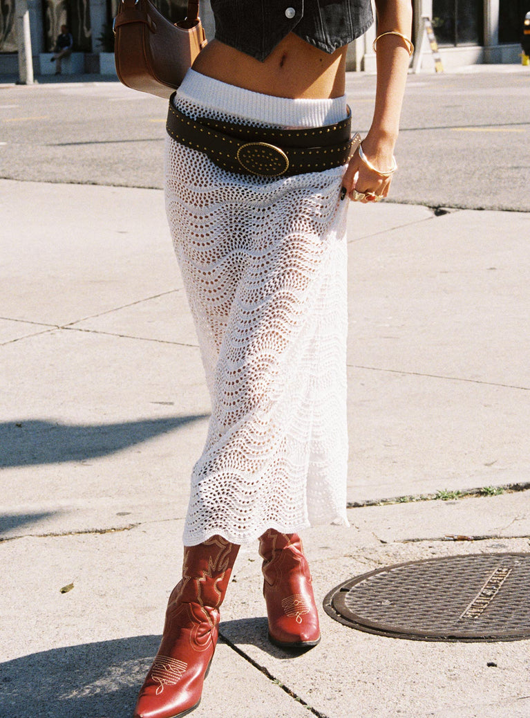 back view of model wearing Princess Polly Kastio Crochet Midi Skirt White Midi Skirts 