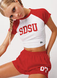 front view of model wearing Princess Polly SDSU Homerun Tee White / Red Short Sleeves Crew Neck 