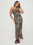 front view of model wearing Princess Polly Declynn Bias Cut Maxi Dress Leopard Asymmetric Neckline 