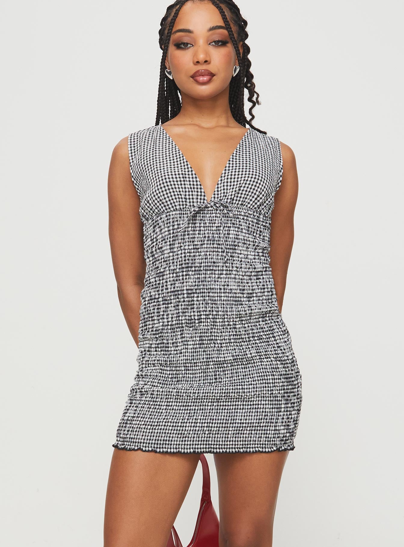 Solving shirred mini dress black gingham