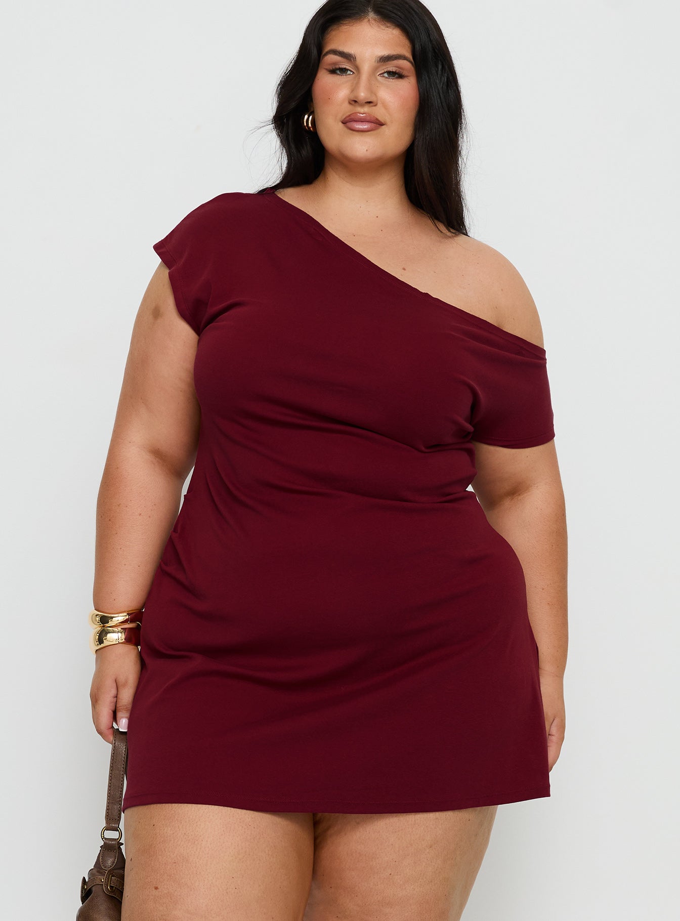 Prestige One Shoulder Mini Dress Brown Curve | Princess Polly Prestige One Shoulder Mini Dress Brown Curve | Princess Polly