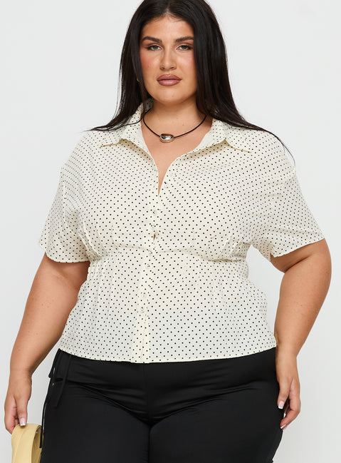 Dannica Cinched Short Sleeve Shirt Cream Polka Curve