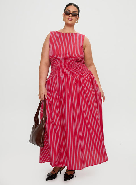 front view of model wearing Princess Polly Lilienne Cotton Poplin Maxi Dress Red Stripe Curve Crew Neck 