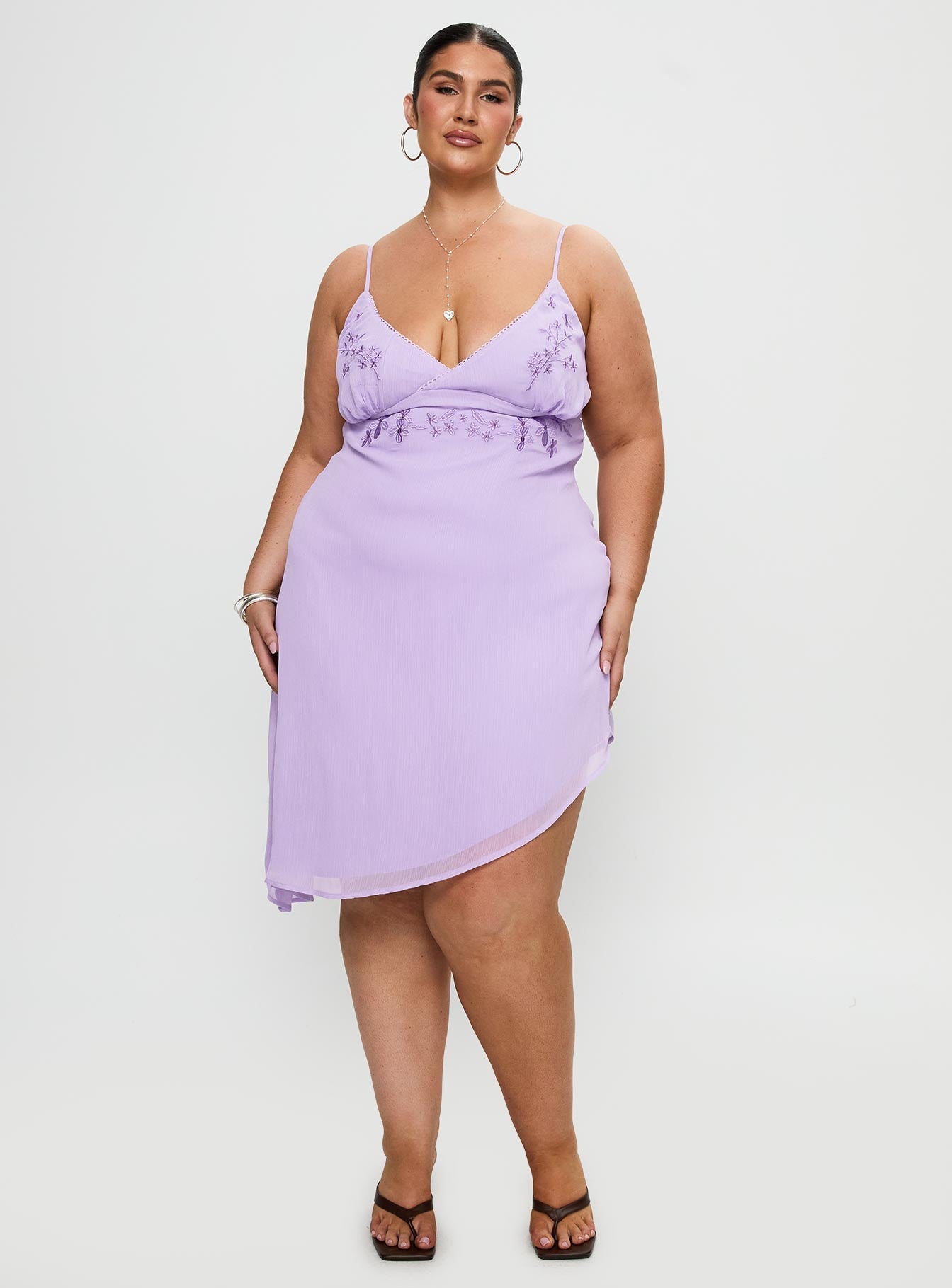 front view of model wearing Princess Polly Secret Gardens Asymmetrical Midi Dress Purple Curve Plunger 