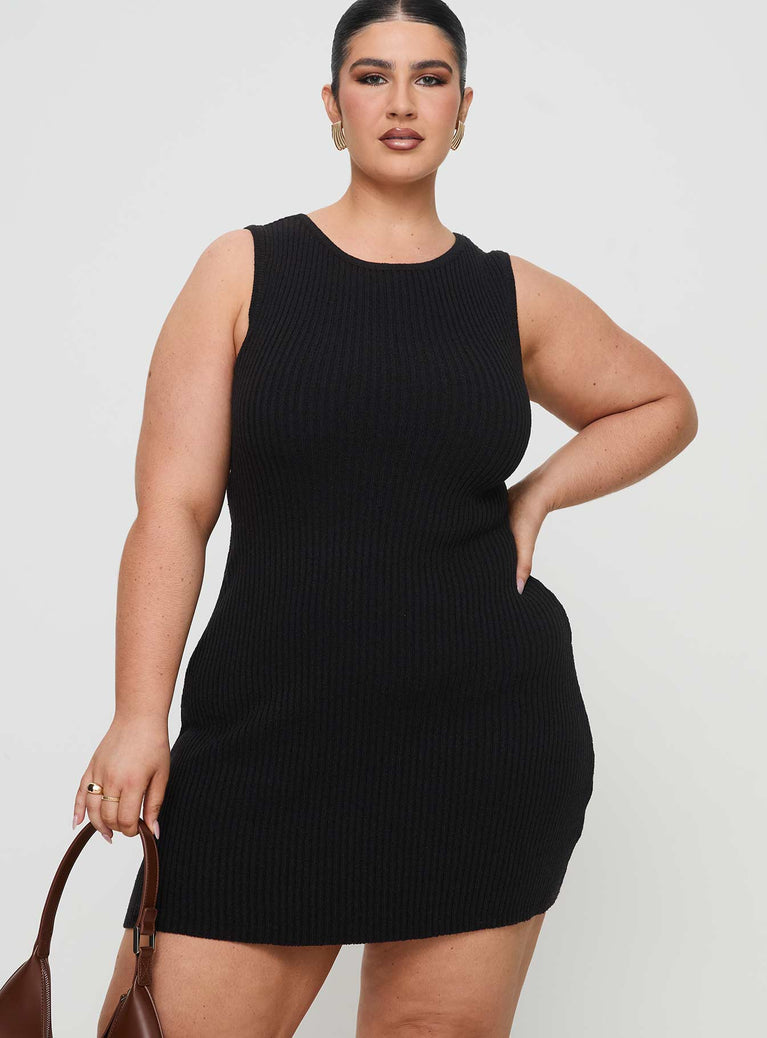 Black knit mini dress Slim fitting, high neckline