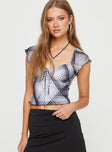 Mesh crop top, plaid print V-neckline, tie detail at bust, cap sleeve Good stretch, partially lined