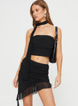 Matching two-piece set, mesh material Strapless crop top, ruched bust, ruffle detail Mid-rise mini skirt, ruched waistband, ruffle detail Good stretch, fully lined Princess Polly Lower Impact