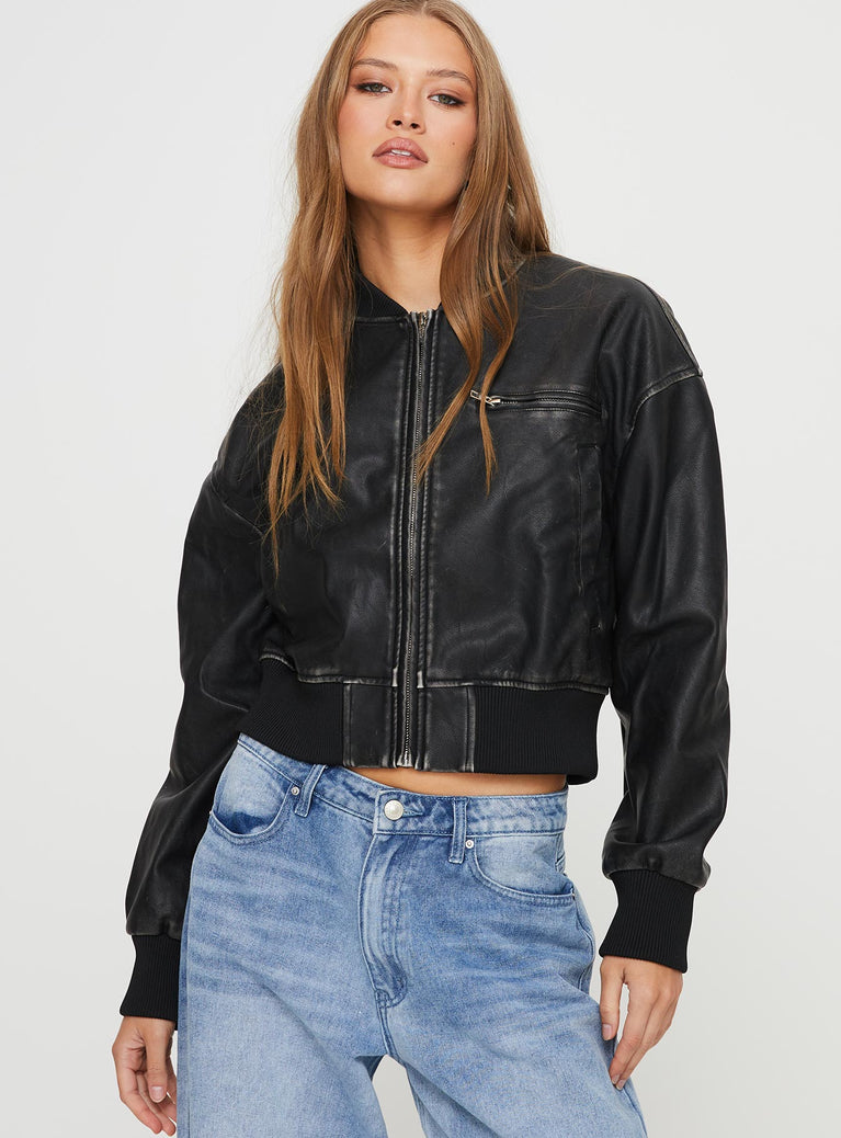 Sweet Disaster Faux Leather Cropped Bomber Jacket Black
