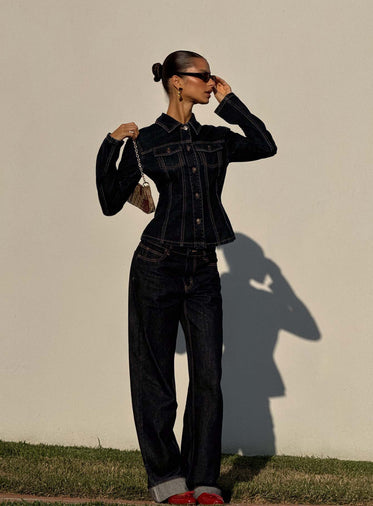 Top Model Low Rise Straight Leg Cuffed Jean Dark Denim