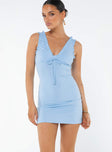 V-neck mini dress, slim fitting Fixed shoulder straps, frill trim, tie detail at bust Non-stretch material, lined bust