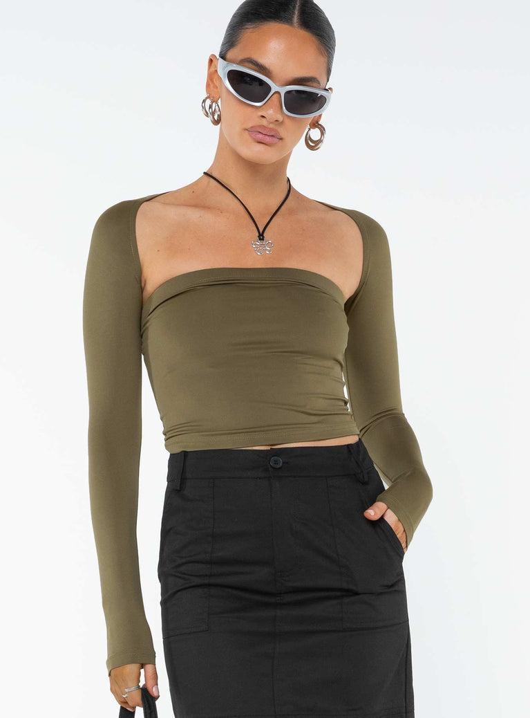 Two-piece top, these can be worn separately Long sleeve bolero  Strapless tube top, elasticated bust 