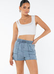 High rise shorts Elasticated waistband, tie fastening drawstring, fixed rolled hem, twin hip pockets