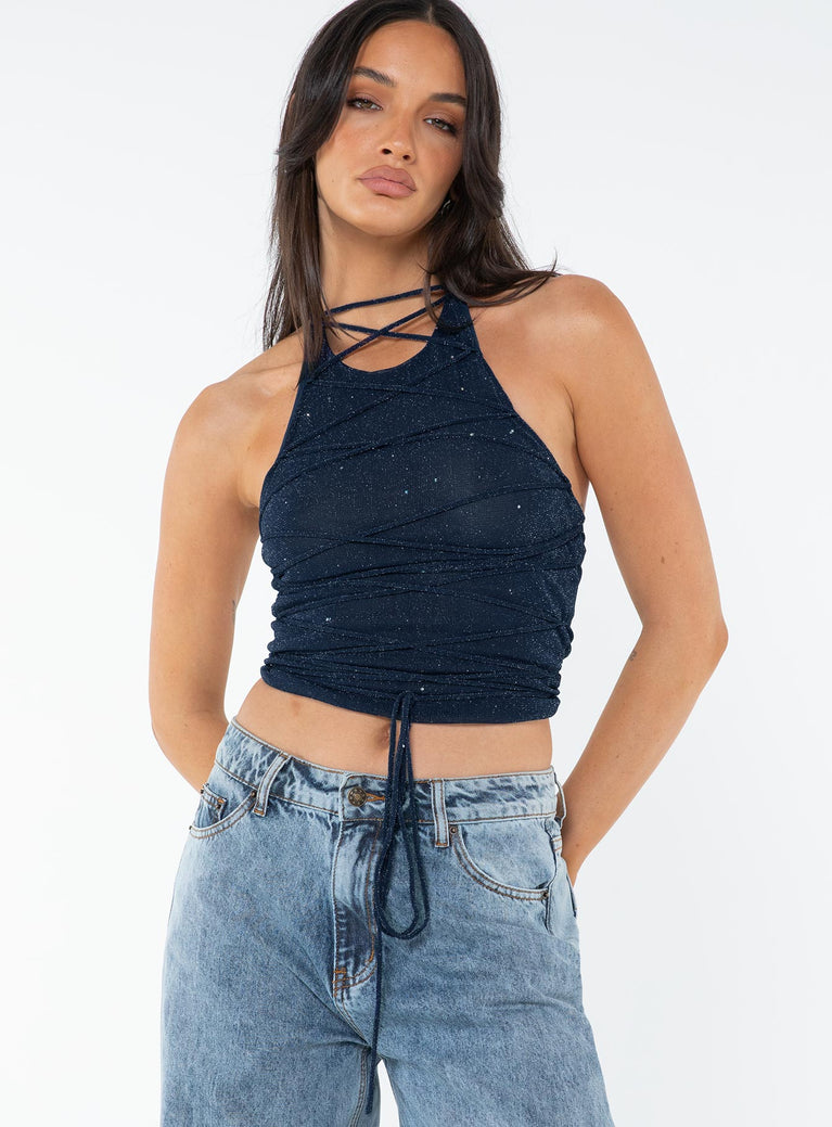 Sparkly mesh material top Halter neck with button fastening, lace-up detail at front with tie fastening, low back