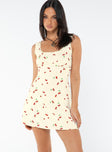 Mini dress Cherry print Fixed shoulder straps Square neckline Invisible zip fastening at back